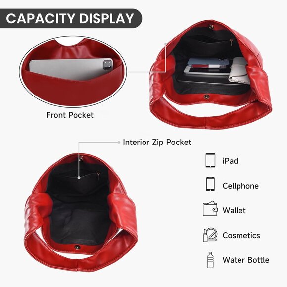 Red Faux Leather Shoulder Tote Bag for Women with 3 Pockets, Stylish & Versatile - Picture 4 of 6